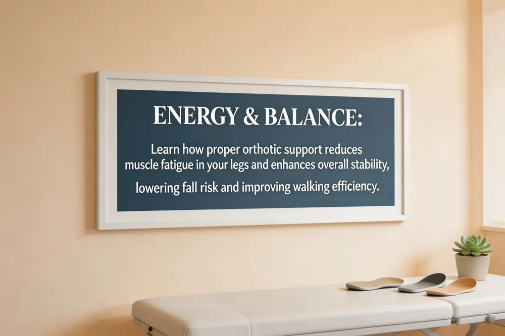 ENERGY & BALANCE: Learn how proper orthotic support reduces muscle fatigue in your legs and enhances overall stability, lowering fall risk and improving walking efficiency.