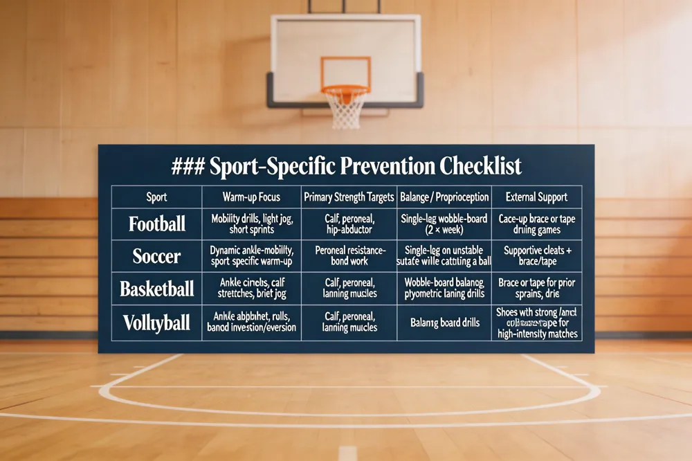 ### Sport‑Specific Prevention Checklist
| Sport | Warm‑up Focus | Primary Strength Targets | Balance / Proprioception | External Support |
|---|---|---|---|---|
| Football | Mobility drills, light jog, short sprints | Calf, peroneal, hip‑abductor | Single‑leg wobble‑board (2 × week) | Lace‑up brace or tape during games |
| Soccer | Dynamic ankle‑mobility, sport‑specific warm‑up | Peroneal resistance‑band work | Single‑leg on unstable surface while catching a ball | Supportive cleats + brace/tape |
| Basketball | Ankle circles, calf stretches, brief jog | Calf, peroneal, landing muscles | Wobble‑board balance, plyometric landing drills | Brace or tape for prior sprains; dry court |
| Volleyball | Ankle alphabet, rolls, banded inversion/eversion | Calf, peroneal, landing muscles | Balance board drills | Shoes with strong ankle/arch support; brace/tape for high‑intensity matches |
| 
