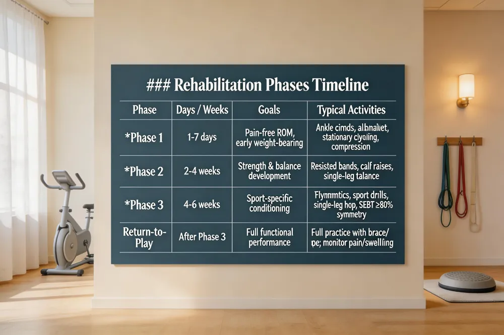 ### Rehabilitation Phases Timeline
| Phase | Days / Weeks | Goals | Typical Activities |
|---|---|---|---|
| Phase 1 | 1‑7 days | Pain‑free ROM, early weight‑bearing | Ankle circles, alphabet, stationary cycling, compress/compression |
| Phase 2 | 2‑4 weeks | Strength & balance development | Resisted dorsiflexion/eversion with bands, calf raises, single‑leg balance (stable → unstable) |
| Phase 3 | 4‑6 weeks | Sport‑specific conditioning, functional testing | Plyometrics, sport drills, single‑leg hop, Star Excursion Balance Test (≥80 % limb symmetry) |
| Return‑to‑Play | After Phase 3 clearance | Full functional performance | Full‑intensity practice with brace/tape as needed; monitor for pain/swelling |
| 