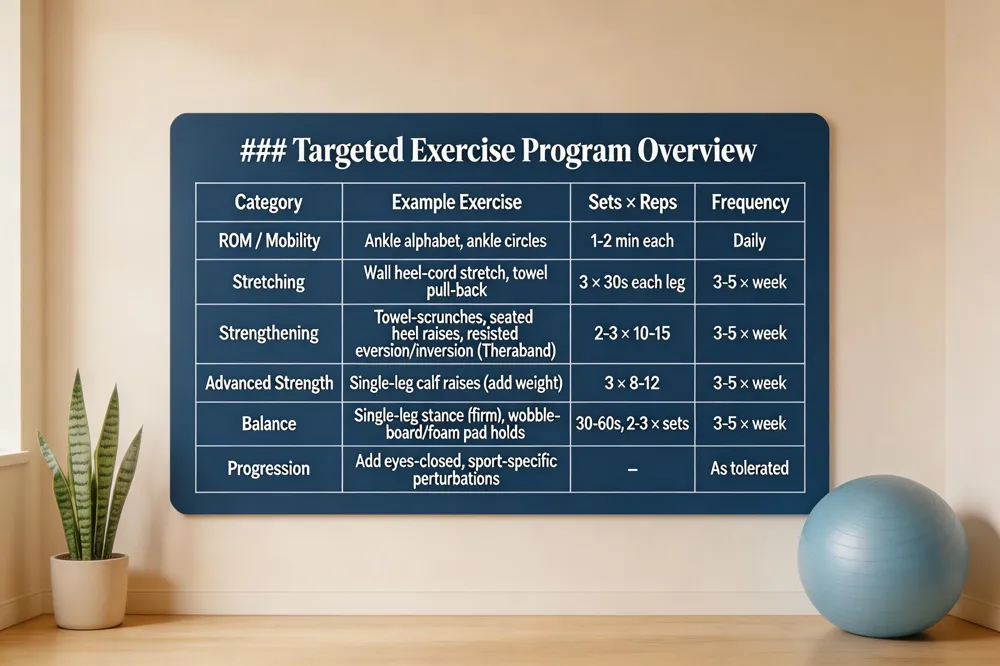### Targeted Exercise Program Overview
| Category | Example Exercise | Sets × Reps | Frequency |
|---|---|---|---|
| ROM / Mobility | Ankle alphabet, ankle circles | 1‑2 min each | Daily |
| Stretching | Wall heel‑cord stretch, towel pull‑back | 3 × 30 s each leg | 3‑5 × week |
| Strengthening | Towel‑scrunches, seated heel raises, resisted eversion/inversion (Theraband) | 2‑3 × 10‑15 | 3‑5 × week |
| Advanced Strength | Single‑leg calf raises (add weight) | 3 × 8‑12 | 3‑5 × week |
| Balance | Single‑leg stance (firm), wobble‑board/foam pad holds | 30‑60 s, 2‑3 × sets | 3‑5 × week |
| Progression | Add eyes‑closed, sport‑specific perturbations | – | As tolerated |
| 