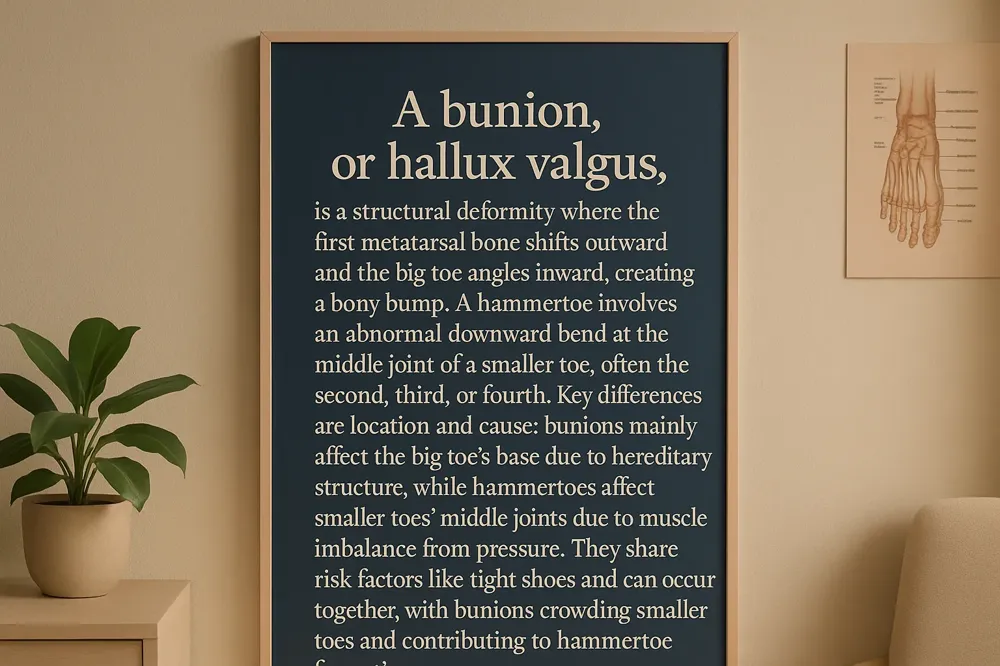 A bunion, or hallux valgus, is a structural deformity where the first metatarsal bone shifts outward and the big toe angles inward, creating a bony bump. A hammertoe involves an abnormal downward bend at the middle joint of a smaller toe, often the second, third, or fourth. Key differences are location and cause: bunions mainly affect the big toe's base due to hereditary structure, while hammertoes affect smaller toes' middle joints due to muscle imbalance from pressure. They share risk factors like tight shoes and can occur together, with bunions crowding smaller toes and contributing to hammertoe formation.