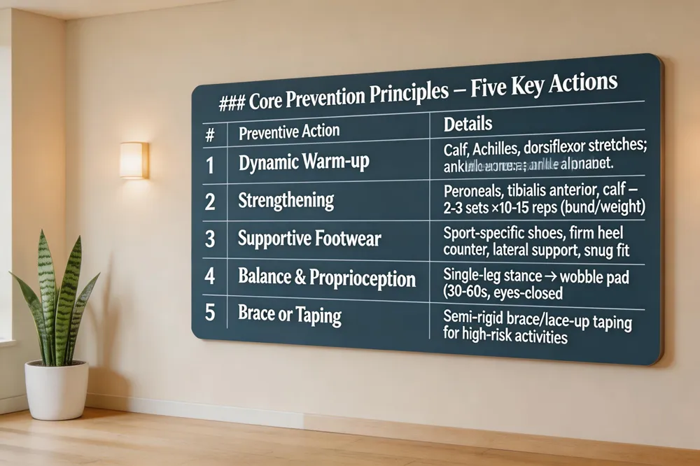 ### Core Prevention Principles – Five Key Actions
| # | Preventive Action | Details |
|---|---|---|
| 1 | Dynamic Warm‑up | Calf, Achilles, dorsiflexor stretches; ankle circles; ankle alphabet. |
| 2 | Strengthening | Peroneals, tibialis anterior, calf muscles – 2‑3 sets × 10‑15 reps (band or weight). |
| 3 | Supportive Footwear | Sport‑specific shoes with firm heel counter, lateral support, snug fit. |
| 4 | Balance & Proprioception | Single‑leg stance → wobble‑board/foam pad (30‑60 s), eyes‑closed or sport‑specific perturbations. |
| 5 | Brace or Taping | Semi‑rigid brace or lace‑up taping during high‑risk activities. |
| 