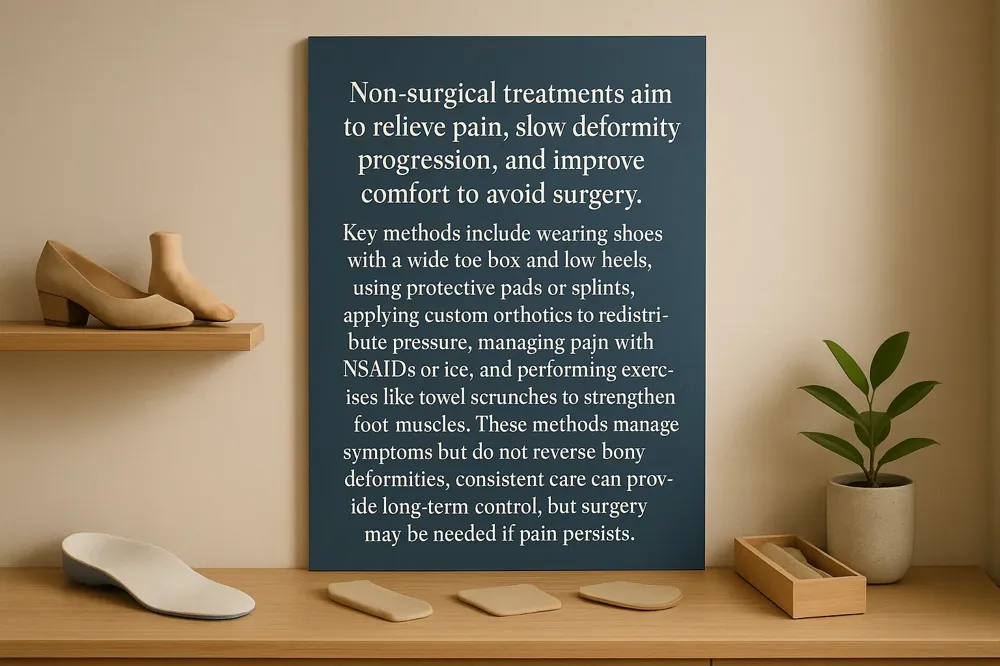 Non-surgical treatments aim to relieve pain, slow deformity progression, and improve comfort to avoid surgery. Key methods include wearing shoes with a wide toe box and low heels, using protective pads or splints, applying custom orthotics to redistribute pressure, managing pain with NSAIDs or ice, and performing exercises like towel scrunches to strengthen foot muscles. These methods manage symptoms but do not reverse bony deformities; consistent care can provide long-term control, but surgery may be needed if pain persists.