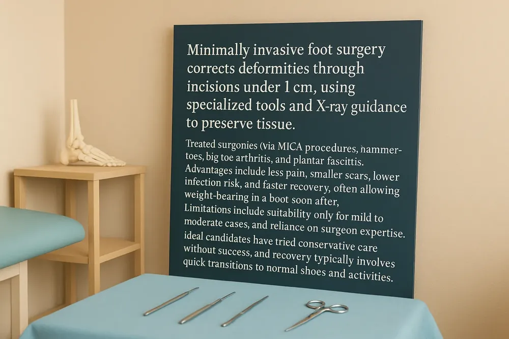 Minimally invasive foot surgery corrects deformities through incisions under 1 cm, using specialized tools and X-ray guidance to preserve tissue. It treats bunions (via MICA procedures), hammertoes, big toe arthritis, and plantar fasciitis. Advantages include less pain, smaller scars, lower infection risk, and faster recovery, often allowing weight-bearing in a boot soon after. Limitations include suitability only for mild to moderate cases and reliance on surgeon expertise. Ideal candidates have tried conservative care without success, and recovery typically involves quick transitions to normal shoes and activities.