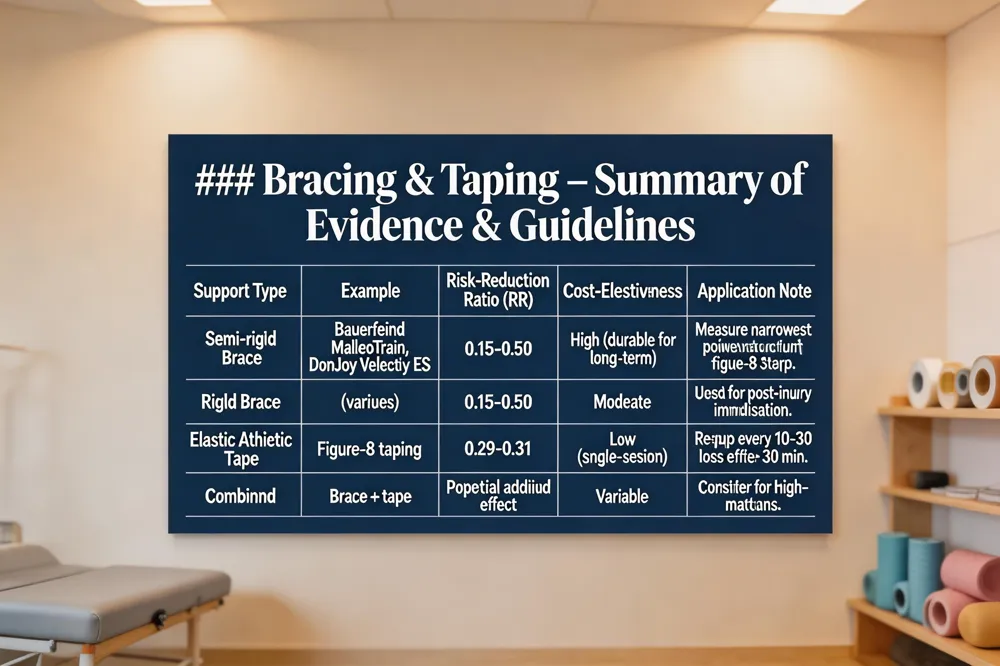### Bracing & Taping – Summary of Evidence & Guidelines
| Support Type | Example | Risk‑Reduction Ratio (RR) | Cost‑Effectiveness | Application Note |
|---|---|---|---|---|
| Semi‑rigid Brace | Bauerfeind MalleoTrain, DonJoy Velocity ES | 0.15‑0.50 | High (durable for long‑term) | Measure narrowest point above malleoli; figure‑8 strap. |
| Rigid Brace | (various) | 0.15‑0.50 (similar) | Moderate | Used for post‑injury immobilisation. |
| Elastic Athletic Tape | Figure‑8 taping | 0.29‑0.31 | Low (single‑session) | Re‑apply every 10‑30 min; loses effect after 30 min. |
| Combined | Brace + tape | Potential additive effect | Variable | Consider for high‑risk matches. |
| 