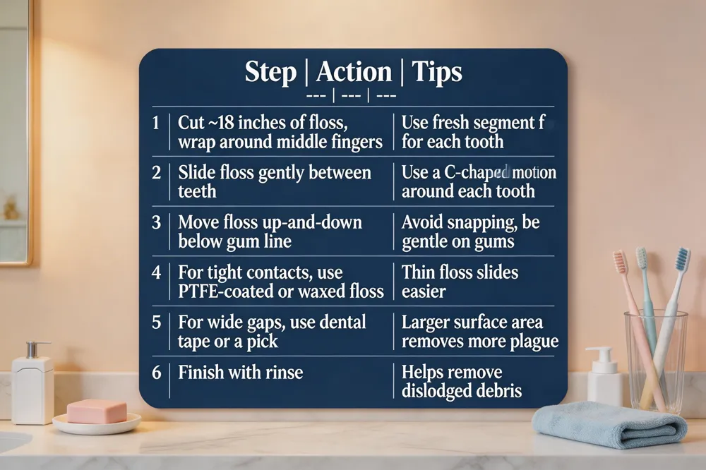 Step | Action | Tips |
|---|---|---|
| 1 | Cut ~18 inches of floss, wrap around middle fingers | Use fresh segment for each tooth |
| 2 | Slide floss gently between teeth | Use a C‑shaped motion around each tooth |
| 3 | Move floss up‑and‑down below gum line | Avoid snapping; be gentle on gums |
| 4 | For tight contacts, use PTFE‑coated or waxed floss | Thin floss slides easier |
| 5 | For wide gaps, use dental tape or a pick | Larger surface area removes more plaque |
| 6 | Finish with rinse | Helps remove dislodged debris