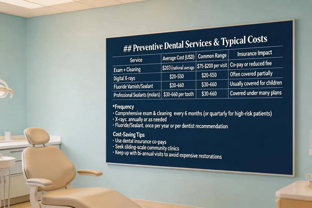 ### Preventive Dental Services & Typical Costs
| Service | Average Cost (USD) | Common Range | Insurance Impact |
|---|---|---|---|
| Exam + Cleaning | $203 (national average) | $75‑$200 per visit | Co‑pay or reduced fee |
| Digital X‑rays | $20‑$50 | $20‑$50 | Often covered partially |
| Fluoride Varnish/Sealant | $30‑$60 | $30‑$60 | Usually covered for children |
| Professional Sealants (molars) | $30‑$60 per tooth | $30‑$60 | Covered under many plans |
Frequency
- Comprehensive exam & cleaning: every 6 months (or quarterly for high‑risk patients)
- X‑rays: annually or as needed
- Fluoride/Sealant: once per year or per dentist recommendation
Cost‑Saving Tips
- Use dental insurance co‑pays
- Seek sliding‑scale community clinics
- Keep up with bi‑annual visits to avoid expensive restorations