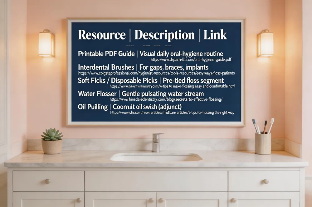 Resource | Description | Link |
|---|---|---|
| Printable PDF Guide | Visual daily oral‑hygiene routine, charts, calendar | https://www.drparrella.com/oral‑hygiene‑guide.pdf |
| Interdental Brushes | Small brushes for wide gaps, braces, implants | https://www.colgateprofessional.com/hygienist-resources/tools-resources/easy-ways-floss-patients |
| Soft Picks / Disposable Picks | Pre‑tied floss segment, no wrapping needed | https://www.gieslerfamilydentistry.com/4-tips-to-make-flossing-easy-and-comfortable.html |
| Water Flosser | Gentle pulsating water stream for hard‑to‑reach areas | https://www.hinsdaledentistry.com/blog/secrets-to-effective-flossing/ |
| Oil Pulling | Coconut oil swish to lower oral bacteria (adjunct) | https://www.uhc.com/news-articles/medicare-articles/5-tips-for-flossing-the-right-way