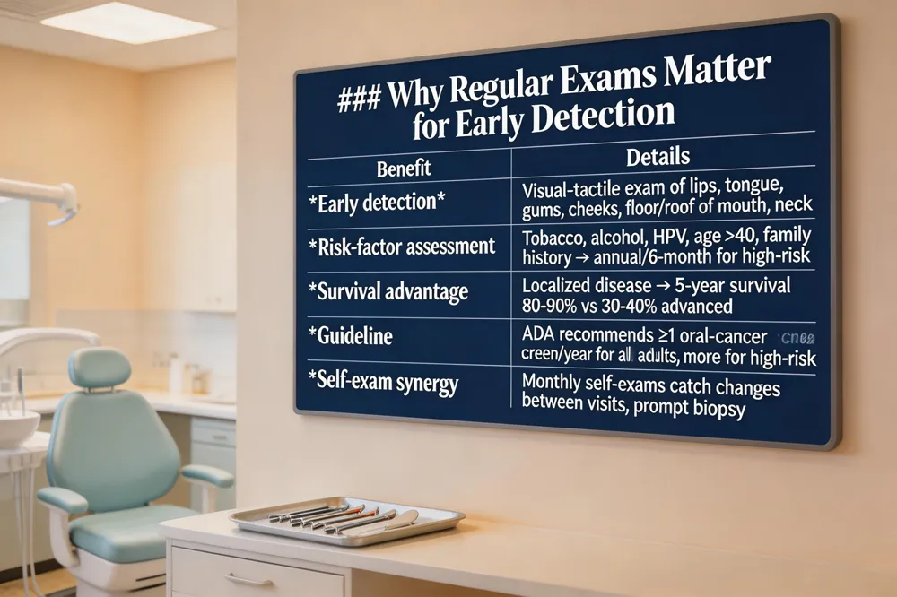 ### Why Regular Exams Matter for Early Detection
| Benefit | Details |
|---|---|
| Early detection | Visual‑tactile exam of lips, tongue, gums, cheeks, floor/roof of mouth, and neck. |
| Risk‑factor assessment | Tobacco, alcohol, HPV, age > 40, family history → determines screening frequency (annual or 6‑month for high‑risk). |
| Survival advantage | Detecting localized disease → 5‑year survival 80‑90 % vs 30‑40 % for advanced disease. |
| Guideline | ADA recommends ≥1 oral‑cancer screen per year for all adults; more frequent for high‑risk. |
| Self‑exam synergy | Monthly self‑exams catch changes between visits, prompting timely biopsy. |
| 