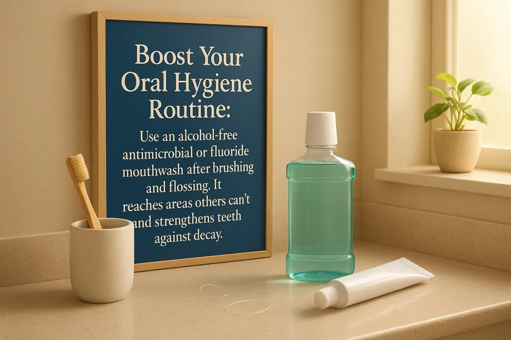 Boost Your Oral Hygiene Routine: Use an alcohol-free antimicrobial or fluoride mouthwash after brushing and flossing. It reaches areas others can’t and strengthens teeth against decay.