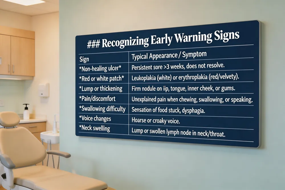 ### Recognizing Early Warning Signs
| Sign | Typical Appearance / Symptom |
|---|---|
| Non‑healing ulcer | Persistent sore > 3 weeks, does not resolve. |
| Red or white patch | Leukoplakia (white) or erythroplakia (red/velvety). |
| Lump or thickening | Firm nodule on lip, tongue, inner cheek, or gums. |
| Pain/discomfort | Unexplained pain when chewing, swallowing, or speaking. |
| Swallowing difficulty | Sensation of food stuck, dysphagia. |
| Voice changes | Hoarse or croaky voice. |
| Neck swelling | Lump or swollen lymph node in neck/throat. |
| 