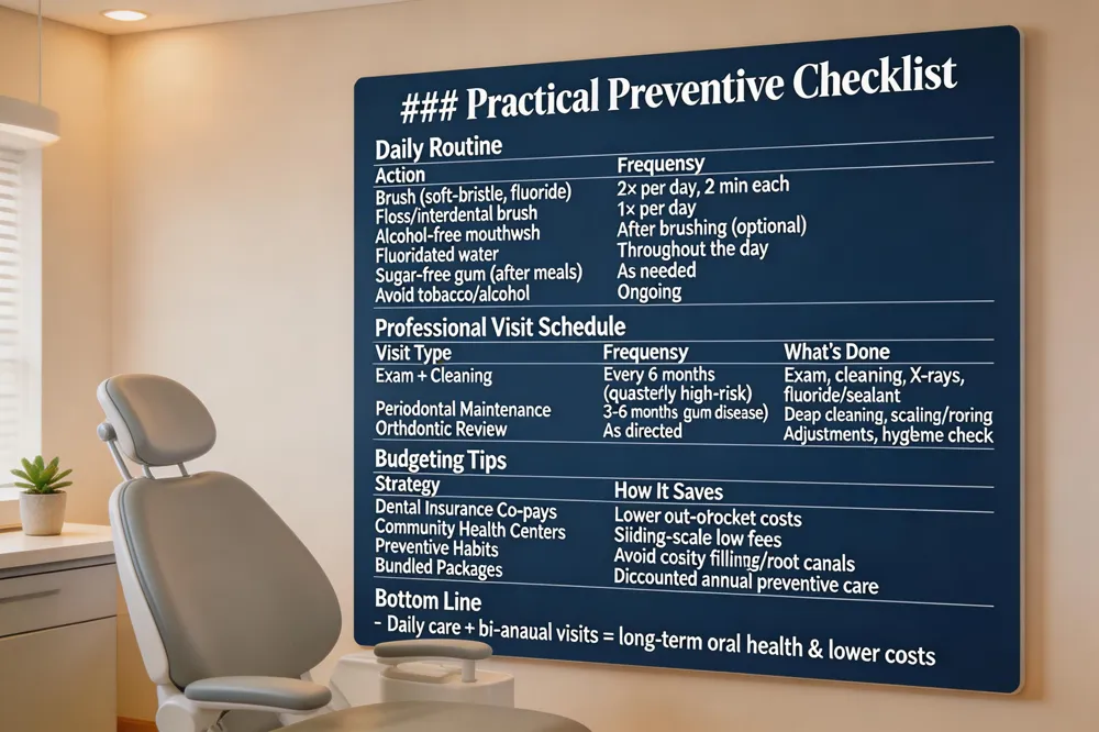 ### Practical Preventive Checklist
Daily Routine
| Action | Frequency |
|---|---|
| Brush (soft‑bristle, fluoride) | 2× per day, 2 min each |
| Floss or interdental brush | 1× per day |
| Alcohol‑free antibacterial mouthwash | After brushing (optional) |
| Hydration with fluoridated water | Throughout the day |
| Sugar‑free gum (after meals) | As needed |
| Avoid tobacco/alcohol | Ongoing |
Professional Visit Schedule
| Visit Type | Frequency | What’s Done |
|---|---|---|
| Comprehensive exam + cleaning | Every 6 months (or quarterly for high‑risk) | Exam, prophylaxis, digital X‑rays, fluoride/sealant if needed |
| Periodontal maintenance | Every 3‑6 months for gum disease | Deep cleaning, scaling, root planing |
| Orthodontic review (if applicable) | As directed by orthodontist | Adjustments, oral hygiene reinforcement |
Budgeting Tips
| Strategy | How It Saves Money |
|---|---|
| Use dental insurance co‑pays | Reduces out‑of‑pocket cost for cleanings and fluoride |
| Community health centers | Sliding‑scale fees, often lower than private practices |
| Preventive focus (low‑sugar diet, regular brushings) | Avoids costly fillings, root canals, extractions |
| Ask about bundled preventive packages | Some offices offer annual preventive bundles at a discount |
Bottom Line
- Consistent daily care + bi‑annual professional visits = long‑term oral health and lower overall health costs.