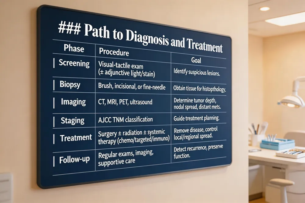 ### Path to Diagnosis and Treatment
| Phase | Procedure | Goal |
|---|---|---|
| Screening | Visual‑tactile exam (± adjunctive light/stain) | Identify suspicious lesions. |
| Biopsy | Brush, incisional, or fine‑needle biopsy | Obtain tissue for histopathology. |
| Imaging | CT, MRI, PET, ultrasound | Determine tumor depth, nodal spread, distant mets. |
| Staging | AJCC TNM classification | Guide treatment planning. |
| Treatment | Surgery ± radiation ± systemic therapy (chemo/targeted/immuno) | Remove disease, control local/regional spread. |
| Follow‑up | Regular exams, imaging, supportive care | Detect recurrence, preserve function. |
| 