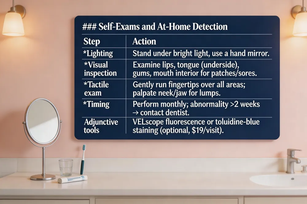 ### Self‑Exams and At‑Home Detection
| Step | Action |
|---|---|
| Lighting | Stand under bright light, use a hand mirror. |
| Visual inspection | Examine lips, both sides of tongue (incl. underside), gums, roof/floor of mouth, inner cheeks for patches, sores, texture changes. |
| Tactile exam | Gently run clean fingertips over all areas and palpate neck/under jaw for lumps. |
| Timing | Perform monthly; any unchanged abnormality > 2 weeks → contact dentist. |
| Adjunctive tools | VELscope fluorescence or toluidine‑blue staining (optional, $19/visit). |
| 