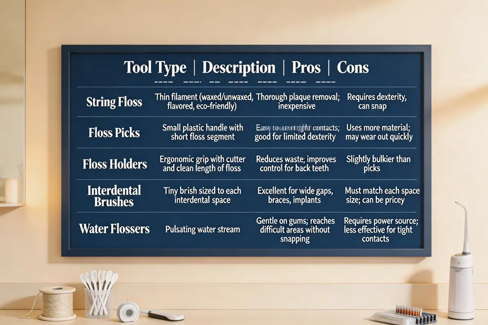 Tool Type | Description | Pros | Cons |
|---|---|---|---|
| String Floss | Thin filament (waxed/unwaxed, flavored, eco‑friendly) | Thorough plaque removal; inexpensive | Requires dexterity, can snap |
| Floss Picks | Small plastic handle with short floss segment | Easy to use in tight contacts; good for limited dexterity | Uses more material; may wear out quickly |
| Floss Holders | Ergonomic grip with cutter and clean length of floss | Reduces waste; improves control for back teeth | Slightly bulkier than picks |
| Interdental Brushes | Tiny brush sized to each interdental space | Excellent for wide gaps, braces, implants | Must match each space size; can be pricey |
| Water Flossers | Pulsating water stream | Gentle on gums; reaches difficult areas without snapping | Requires power source; less effective for tight contacts