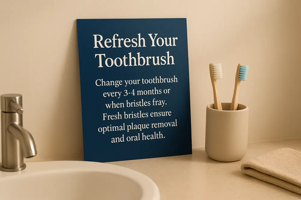 Refresh Your Toothbrush: Change your toothbrush every 3-4 months or when bristles fray. Fresh bristles ensure optimal plaque removal and oral health.