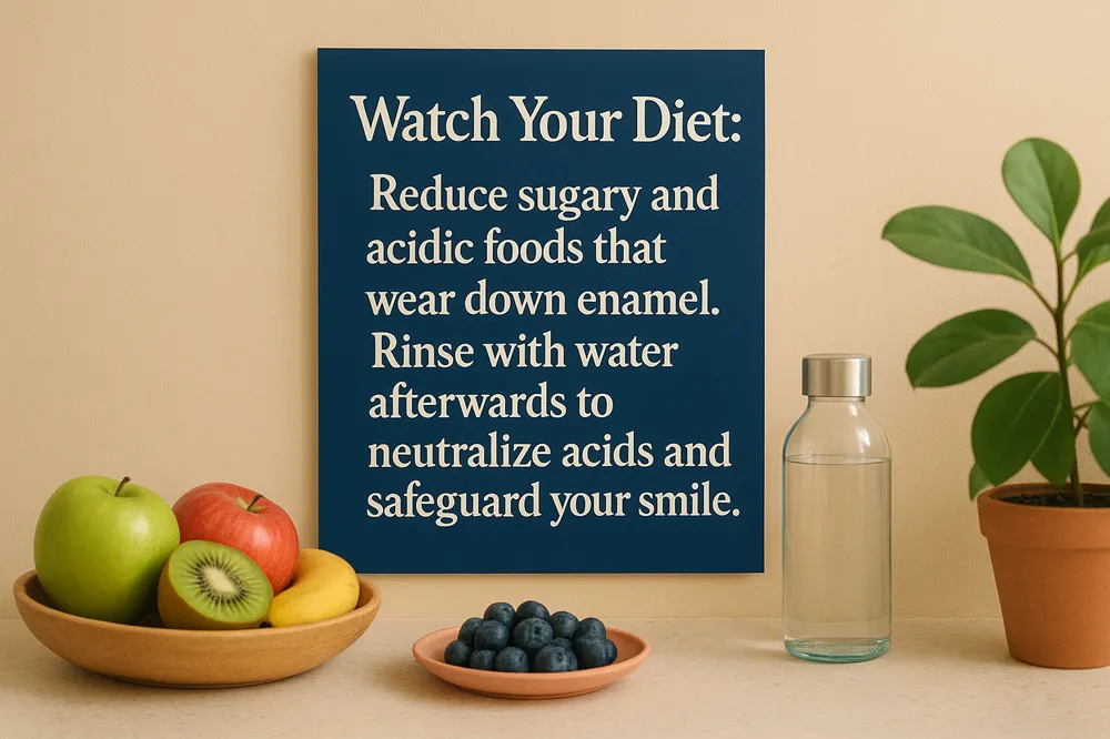 Watch Your Diet: Reduce sugary and acidic foods that wear down enamel. Rinse with water afterwards to neutralize acids and safeguard your smile.
