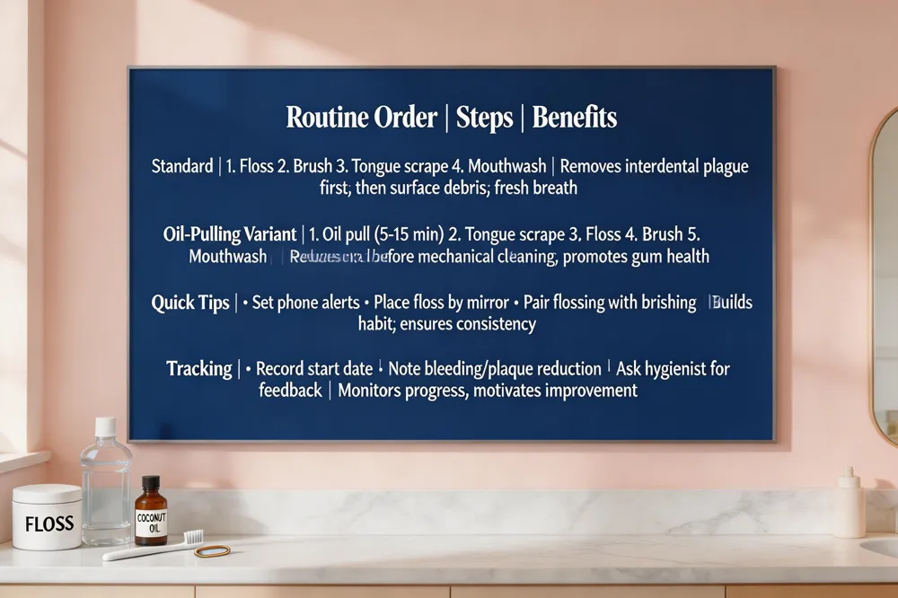 Routine Order | Steps | Benefits |
|---|---|---|
| Standard | 1. Floss 2. Brush 3. Tongue scrape 4. Mouthwash | Removes interdental plaque first, then surface debris; fresh breath |
| Oil‑Pulling Variant | 1. Oil pull (5‑15 min) 2. Tongue scrape 3. Floss 4. Brush 5. Mouthwash | Reduces oral bacteria before mechanical cleaning; promotes gum health |
| Quick Tips | • Set phone alerts • Place floss by mirror • Pair flossing with brushing | Builds habit; ensures consistency |
| Tracking | • Record start date • Note bleeding/plaque reduction • Ask hygienist for feedback | Monitors progress; motivates improvement