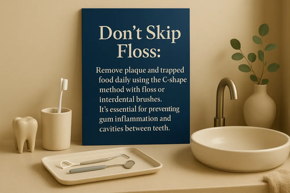 Don’t Skip Floss: Remove plaque and trapped food daily using the C-shape method with floss or interdental brushes. It’s essential for preventing gum inflammation and cavities between teeth.