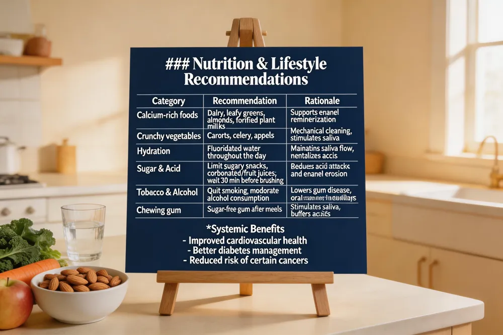 ### Nutrition & Lifestyle Recommendations
| Category | Recommendation | Rationale |
|---|---|---|
| Calcium‑rich foods | Dairy, leafy greens, almonds, fortified plant milks | Supports enamel remineralization |
| Crunchy vegetables | Carrots, celery, apples | Mechanical cleaning, stimulates saliva |
| Hydration | Fluoridated water throughout the day | Maintains saliva flow, neutralizes acids |
| Sugar & Acid | Limit sugary snacks, carbonated/fruit juices; wait 30 min before brushing after acidic exposure | Reduces acid attacks and enamel erosion |
| Tobacco & Alcohol | Quit smoking; moderate alcohol consumption | Lowers gum disease, oral cancer, and healing delays |
| Chewing gum | Sugar‑free gum after meals | Stimulates saliva, buffers acids |
Systemic Benefits
- Improved cardiovascular health
- Better diabetes management
- Reduced risk of certain cancers