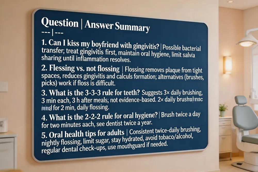 Question | Answer Summary |
|---|---|
| Can I kiss my boyfriend with gingivitis? | Possible bacterial transfer; treat gingivitis first, maintain oral hygiene, limit saliva sharing until inflammation resolves. |
| Flossing vs. not flossing | Flossing removes plaque from tight spaces, reduces gingivitis and calculus formation; alternatives (brushes, picks) work if floss is difficult. |
| What is the 3‑3‑3 rule for teeth? | Suggests 3× daily brushing, 3 min each, 3 h after meals; not evidence‑based. Recommended: 2× daily brushing for 2 min, daily flossing. |
| What is the 2‑2‑2 rule for oral hygiene? | Brush twice a day for two minutes each, see dentist twice a year. |
| Oral health tips for adults | Consistent twice‑daily brushing, nightly flossing, limit sugar, stay hydrated, avoid tobacco/alcohol, regular dental check‑ups, use mouthguard if needed.