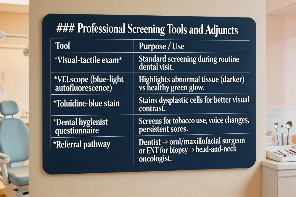 ### Professional Screening Tools and Adjuncts
| Tool | Purpose / Use |
|---|---|
| Visual‑tactile exam | Standard screening during routine dental visit. |
| VELscope (blue‑light autofluorescence) | Highlights abnormal tissue (darker) vs healthy green glow. |
| Toluidine‑blue stain | Stains dysplastic cells for better visual contrast. |
| Dental hygienist questionnaire | Screens for tobacco use, voice changes, persistent sores. |
| Referral pathway | Dentist → oral/maxillofacial surgeon or ENT for biopsy → head‑and‑neck oncologist. |
| 