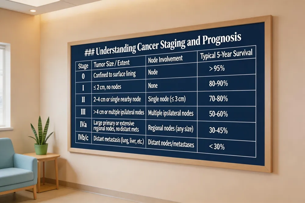 ### Understanding Cancer Staging and Prognosis
| Stage | Tumor Size / Extent | Node Involvement | Typical 5‑Year Survival |
|---|---|---|---|
| 0 (carcinoma in situ) | Confined to surface lining | None | > 95 % |
| I | ≤ 2 cm, no nodes | None | 80‑90 % |
| II | 2–4 cm or single nearby node | Single node (≤ 3 cm) | 70‑80 % |
| III | > 4 cm or multiple ipsilateral nodes | Multiple ipsilateral nodes | 50‑60 % |
| IVa | Large primary or extensive regional nodes, no distant mets | Regional nodes (any size) | 30‑45 % |
| IVb/c | Distant metastasis (lung, liver, etc.) | Distant nodes/metastases | < 30 % |
| 