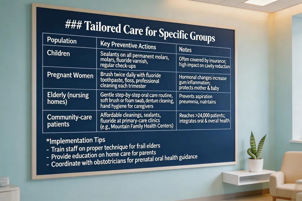 ### Tailored Care for Specific Groups
| Population | Key Preventive Actions | Notes |
|---|---|---|
| Children | Sealants on all permanent molars, fluoride varnish, regular check‑ups | Often covered by insurance; high impact on cavity reduction |
| Pregnant Women | Brush twice daily with fluoride toothpaste, floss, professional cleaning each trimester | Hormonal changes increase gum inflammation; protects mother & baby |
| Elderly (nursing homes) | Gentle step‑by‑step oral care routine, soft brush or foam swab, denture cleaning, hand hygiene for caregivers | Prevents aspiration pneumonia, maintains nutrition |
| Community‑care patients | Affordable cleanings, sealants, fluoride at primary‑care clinics (e.g., Mountain Family Health Centers) | Reaches >24,000 patients; integrates oral & overall health |
Implementation Tips
- Train staff on proper technique for frail elders
- Provide education on home care for parents
- Coordinate with obstetricians for prenatal oral health guidance