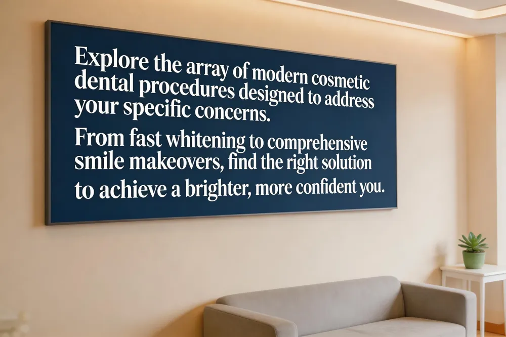 Explore the array of modern cosmetic dental procedures designed to address your specific concerns. From fast whitening to comprehensive smile makeovers, find the right solution to achieve a brighter, more confident you.