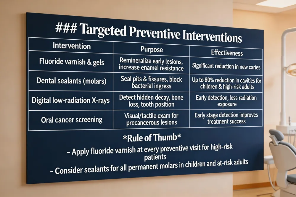 ### Targeted Preventive Interventions
| Intervention | Purpose | Effectiveness |
|---|---|---|
| Fluoride varnish & gels | Remineralize early lesions, increase enamel resistance | Significant reduction in new caries |
| Dental sealants (molars) | Seal pits & fissures, block bacterial ingress | Up to 80 % reduction in cavities for children & high‑risk adults |
| Digital low‑radiation X‑rays | Detect hidden decay, bone loss, tooth position | Early detection, less radiation exposure |
| Oral cancer screening | Visual/tactile exam for precancerous lesions | Early stage detection improves treatment success |
Rule of Thumb
- Apply fluoride varnish at every preventive visit for high‑risk patients
- Consider sealants for all permanent molars in children and at‑risk adults